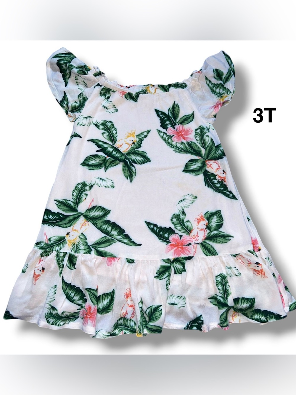 Girls White Tropical Floral Ruffle Dress with Pink Hibiscus Size 3T.